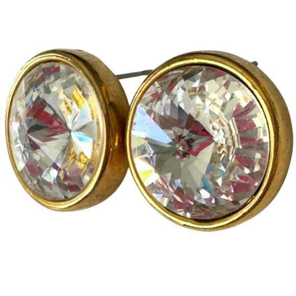 Italian Clear Rivoli Rhinestone Pierced Earrings in Gold Tone Setting Vintage